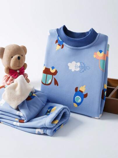 Kinder Thermo-Unterwäsche Set, thermisch gefütterte dicke Winterwäsche für kleine Jungen Herbst/Winter Schlafanzug mit blauem Auto Muster