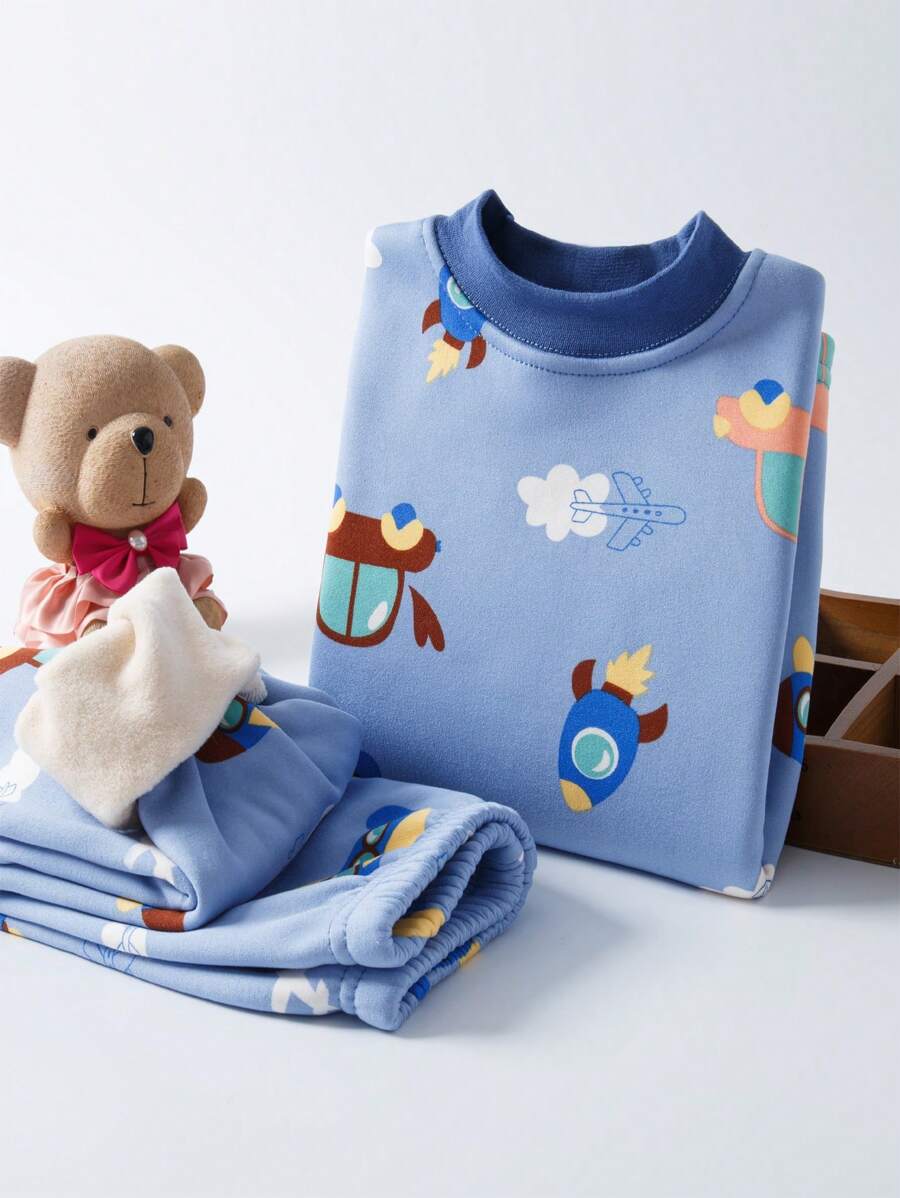 儿童保暖内衣套装，保暖内衬厚冬季保暖衣服，适合小男孩秋冬睡衣，带蓝色汽车图案
