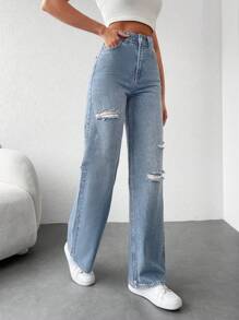 RueChic High Waisted Straight Leg Jeans With Distressed Holes - Baby Blue - View 3
