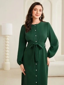 Al Najma Lantern Sleeve Belted Dress - Green - View 5