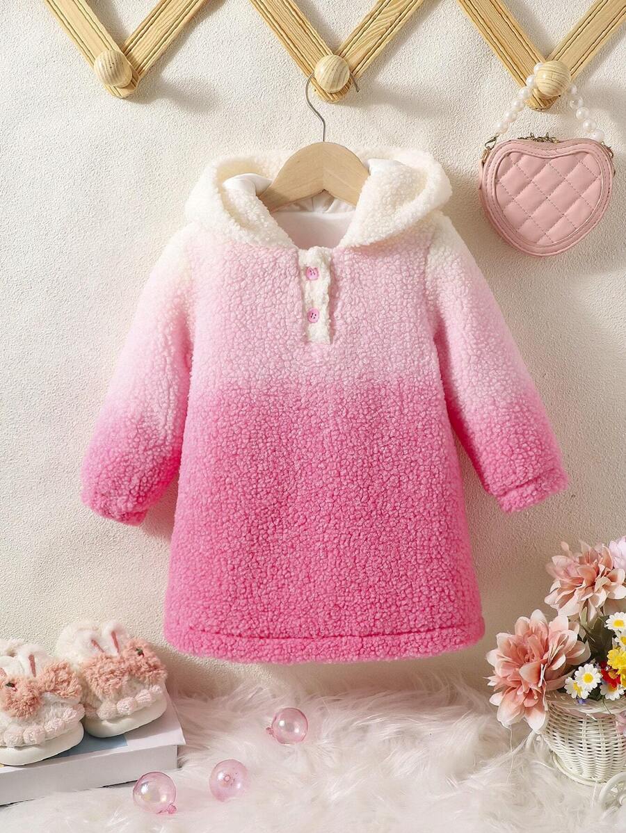 Vestido sudadera con capucha de peluche degradado para bebé niña, otoño - Rosa - Ver 1