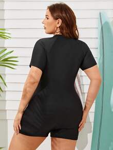 Swim SPRTY 豹紋加大號拉鍊連身泳衣 - 黑與白 - 查看 3