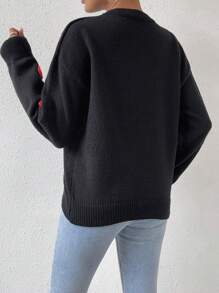 SHEIN LUNE Suéter de punto con caída de hombros y aplicaciones de corazón para otoño e invierno - Negro - Ver 2
