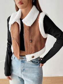 SHEIN EZwear Cổ áo Borg Đôi ngực Mùa vụ Áo khoác vest - màu nâu - Xem 4