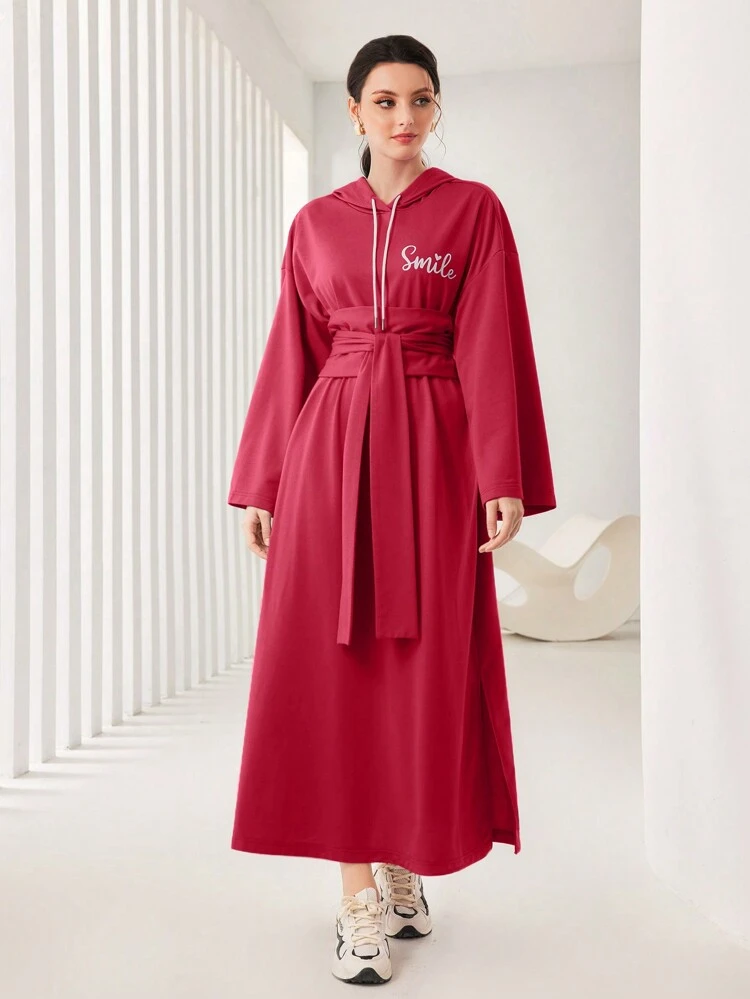 Burgundy Red Letter Graphic Drop Shoulder Belted Hooded Dress