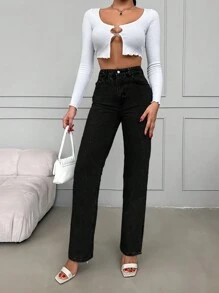 EURMUSE Women's Straight Leg Jeans With Slit Hem - Black - View 5