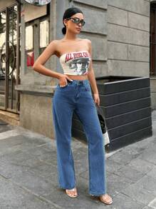 RueChic Jeans Rectos De Mujer De Color Sólido Con Bolsillo Inclinado