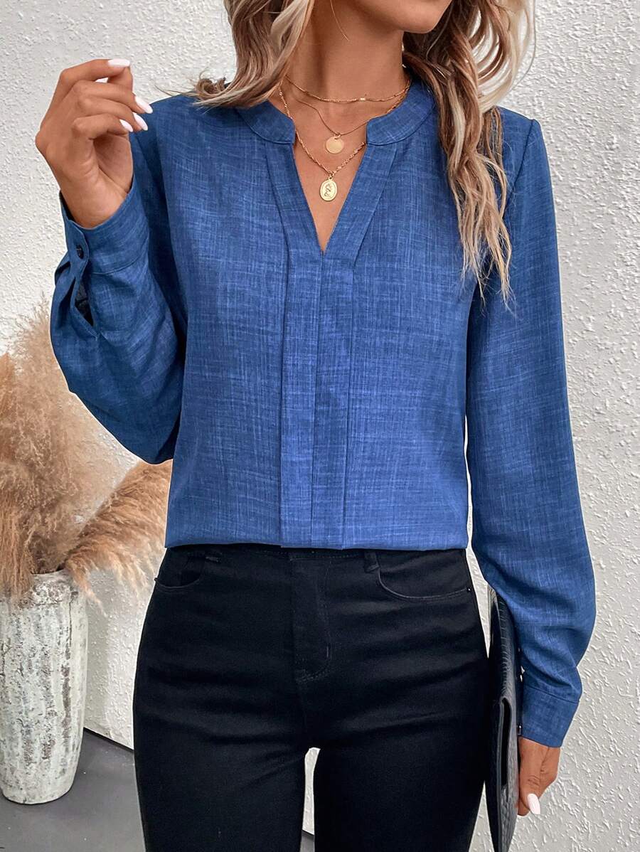 EMERY ROSE Solid Notched Neckline Blouse - Blue - View 1