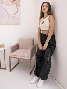 SHEIN 花卉圖案補丁貼撞色滾邊短款背心 - 米色 - 查看 4