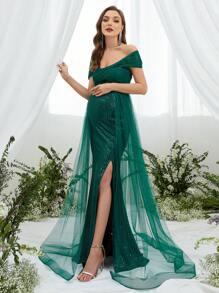 孕婦露肩對比網片亮片人魚裙 - 墨綠色 - 查看 3