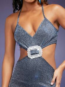 Hauture Rhinestone Buckle Glitter Cami Dress - Blue - View 3