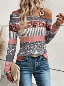 SHEIN LUNE 色塊拼接圖案鏈條細節不對稱領T恤 - 彩色 - 查看 5