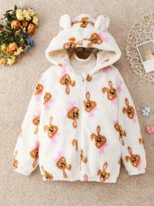 SHEIN Cô gái Tween Họa tiết gấu áo có mũ Áo Teddy Jackets
   Không có áo len - Màu be - Xem 3