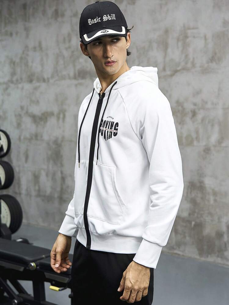 Boyfriend Style Men's Letter Printed Drawstring Hooded Sports Jacket Workout Tops Sports Jacket
