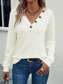 SHEIN LUNE Women's Button Detail Drop Shoulder Sweatshirt - Beige - View 1