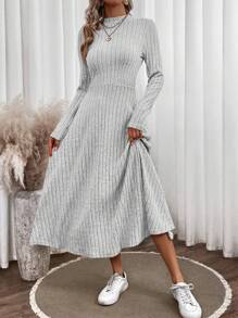 SHEIN LUNE Solid Mock Neck Ribbed Knit A-line Dress - Grey - View 1