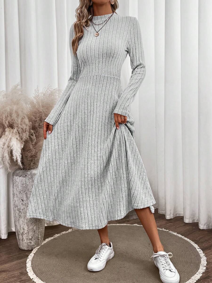 SHEIN LUNE Solid Mock Neck Ribbed Knit A-line Dress - Grey - View 1