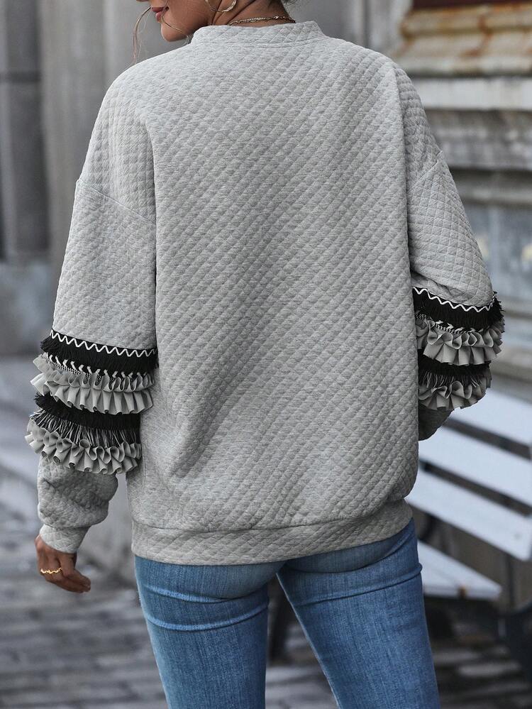 Frill Trim Half Zip Drop Shoulder Sweatshirt Pullover Fall Sweatshirt