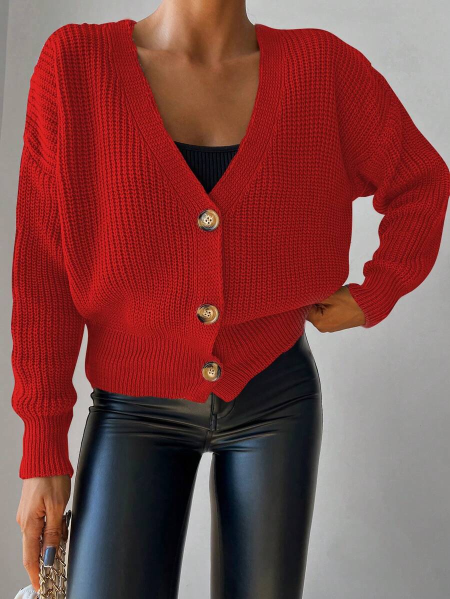 Suéter De Punto Con Botones Y Hombreras Caídas De Color Sólido - Rojo - Ver 1