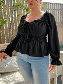 Flirla Hơn Lá sen tỉa Nút phía trước tay áo lá sen Áo sơ mi Peplum - màu đen - Xem 3