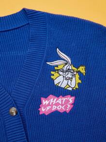 LOONEY TUNES X SHEIN Tween 女孩字母和卡通刺繡雙口袋落肩開襟衫 - 藍色 - 查看 10
