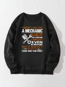 Men Plus Slogan Graphic Thermal Lined Sweatshirt - Black - View 1
