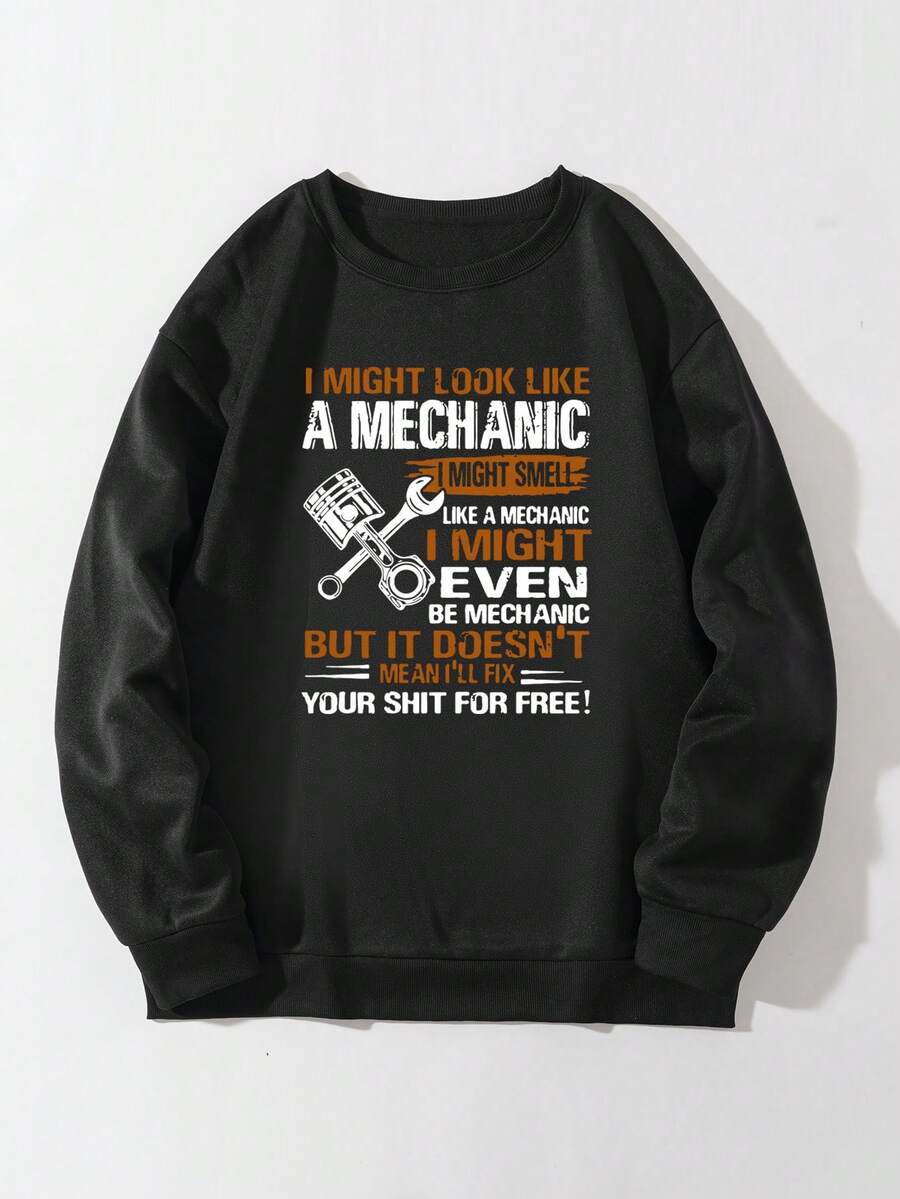Men Plus Slogan Graphic Thermal Lined Sweatshirt - Black - View 1