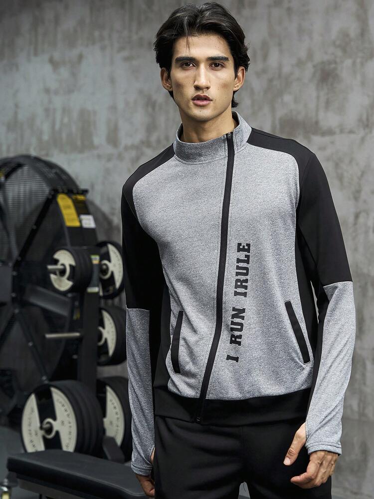 Boyfriend Style Men Letter Graphic Zip Up Contrast Raglan Sleeve Sports Jacket Workout Tops Sports Jacket