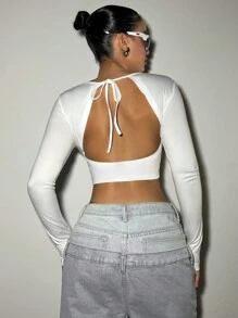 SHEIN ICON 春季白色深v領束縛開背短袖上衣 - 白色 - 查看 2