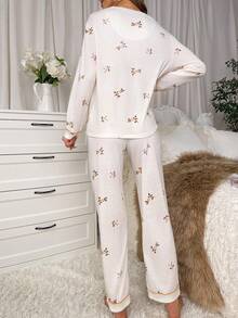 印花拼接滾邊睡衣套裝 - 白色 - 查看 2