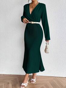 Chiquease 交疊領百褶下擺洋裝 - 墨綠色 - 查看 6