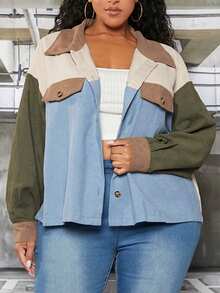 SHEIN CURVE+ 大碼撞色落肩袖燈芯絨襯衫 - 彩色 - 查看 7