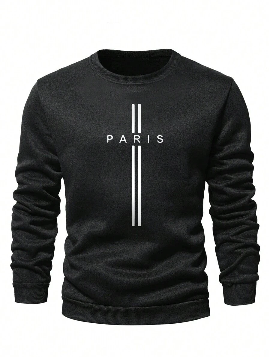 Manfinity Homme Men Letter Graphic Sweatshirt Going Out Crew Neck Black Graphic Long Sleeve Sweatshirt, For Friends, Husband, Boyfriend Gifts, Paris Sweatshirt, Men Graphic Sweatshirt, Men Paris Sweatshirt - Black - View 1