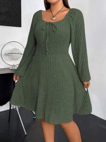 Vionelle Plus Knot Front Lantern Sleeve Ribbed Knit Dress Fall Cloth For Women - Army Green - View 7