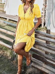 Breezaya Vertical Striped Flounce Sleeve Tassel Tie Neck Ruffle Hem Dress - Yellow - View 7
