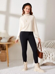 SHEIN 少女編織純色短款高領泡泡袖休閒長袖T卹