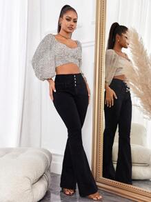 高腰喇叭腿牛仔裤，女式纽扣，前扣，口袋高腰喇叭腿长款黑色紧身女式牛仔裤，春/秋，休闲日常穿着 - 黑色 - 查看 5