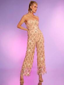 SHEIN Unity Sequin Fringe Pattern Tube Jumpsuit - Champagne - View 1