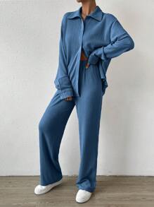 SHEIN EZwear 素色抹胸上衣和褲子&落肩袖襯衫 - 藏蓝色 - 查看 3