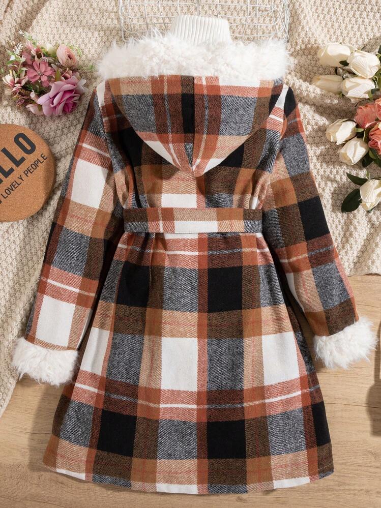 SHEIN Chica preadolescente Abrigo de cuadros ribete lanudo con capucha con cinturón sin jersey - Marrón - Añade 2