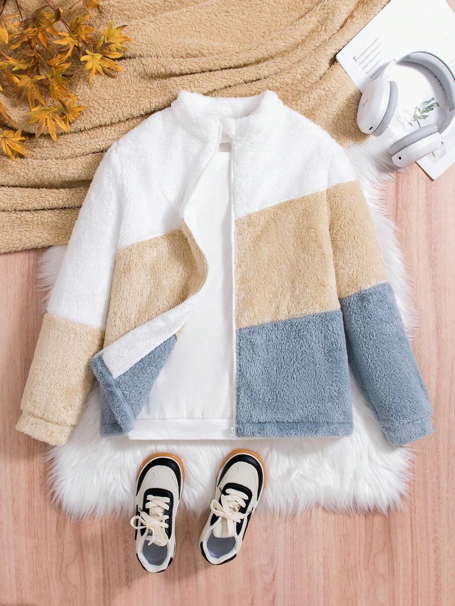 SHEIN Áo khoác nhung phối màu cho bé gái tuổi teen - Nhiều màu - Xem 1