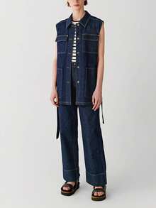 女式长款实用风格做旧深蓝色牛仔背心（配腰带）