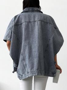 Cottnline Loose Fit Casual Half-sleeve Denim Jacket - Light Grey - View 2
