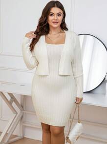 SHEIN LUNE Váy len kẻ caro trơn cỡ lớn & áo len cardigan - trắng - Xem 4