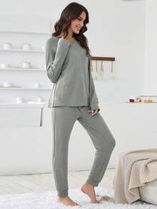 Raglan Sleeve Waffle Knit Lounge Set - Light Grey - View 4