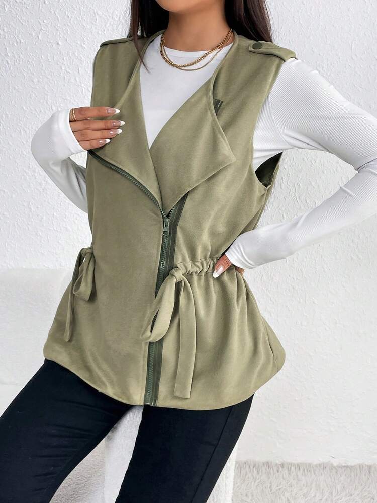 Waterfall Collar Drawstring Waist Zip Up Vest Coat