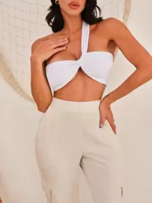 SHEIN 單肩前扭結短款上衣 - 白色 - 查看 4