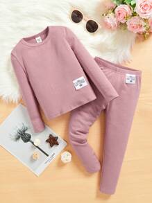 SHEIN Cô Gái Trẻ Chi tiết Patched thư Bộ PJ - màu xanh lá - Xem 1