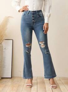 SHEIN LUNE Button Fly Ripped Flare Leg Jeans