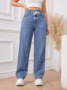 SHEIN Privé Drawstring Waist Straight Leg Jeans - Light Wash - View 3